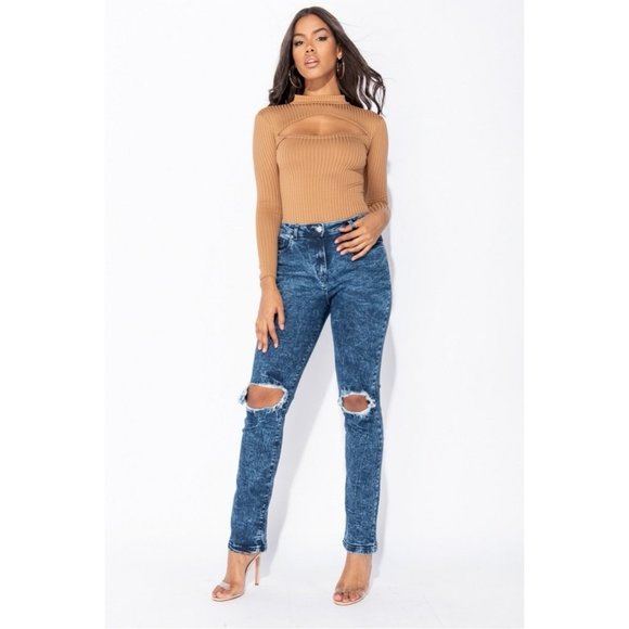 Blue Acid Wash High Waist Ripped Distressed Straight Leg Jeans Denim - Picture 2 of 13